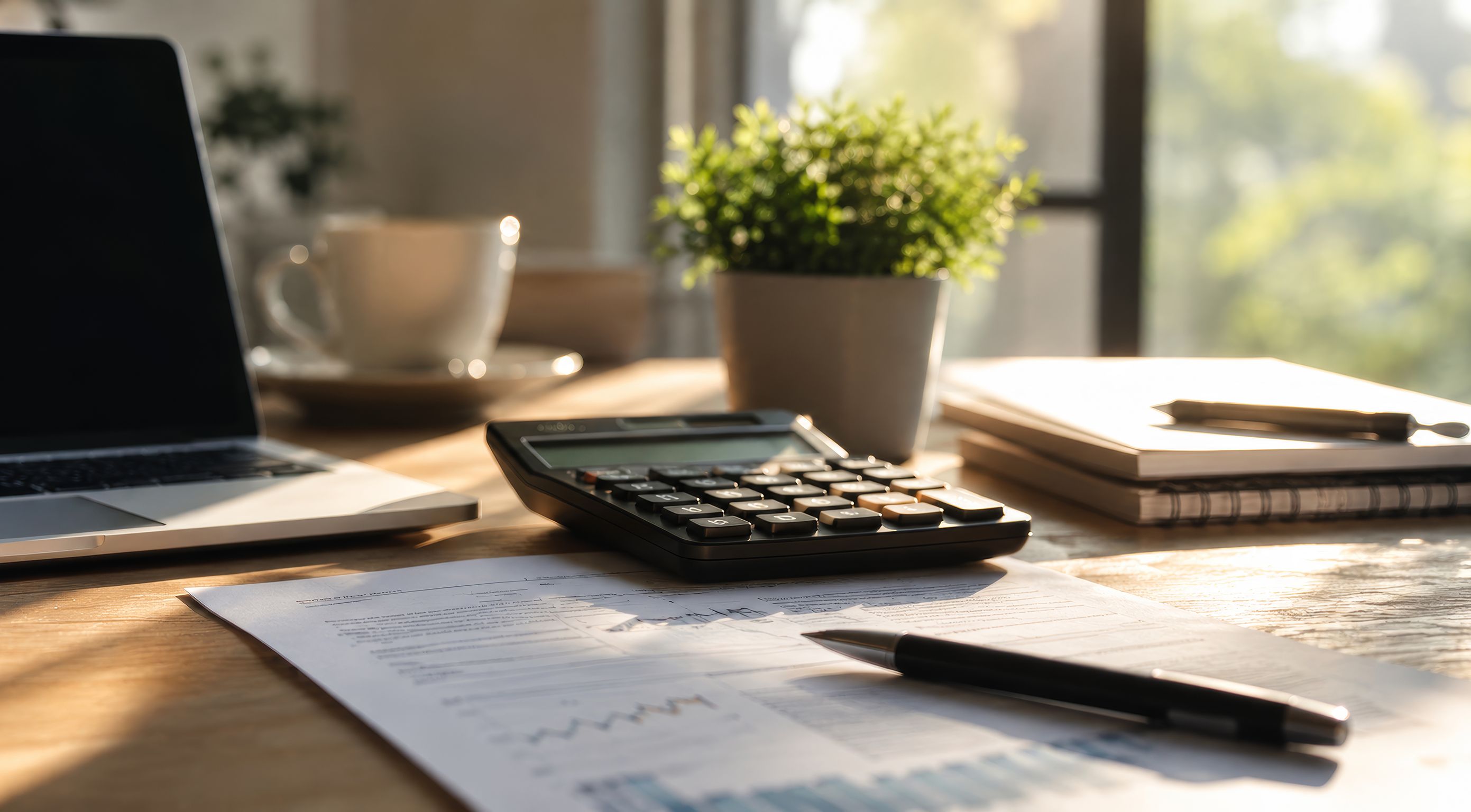 Schreibtisch mit Notizblock, Taschenrechner und Laptop bei der Budgetplanung