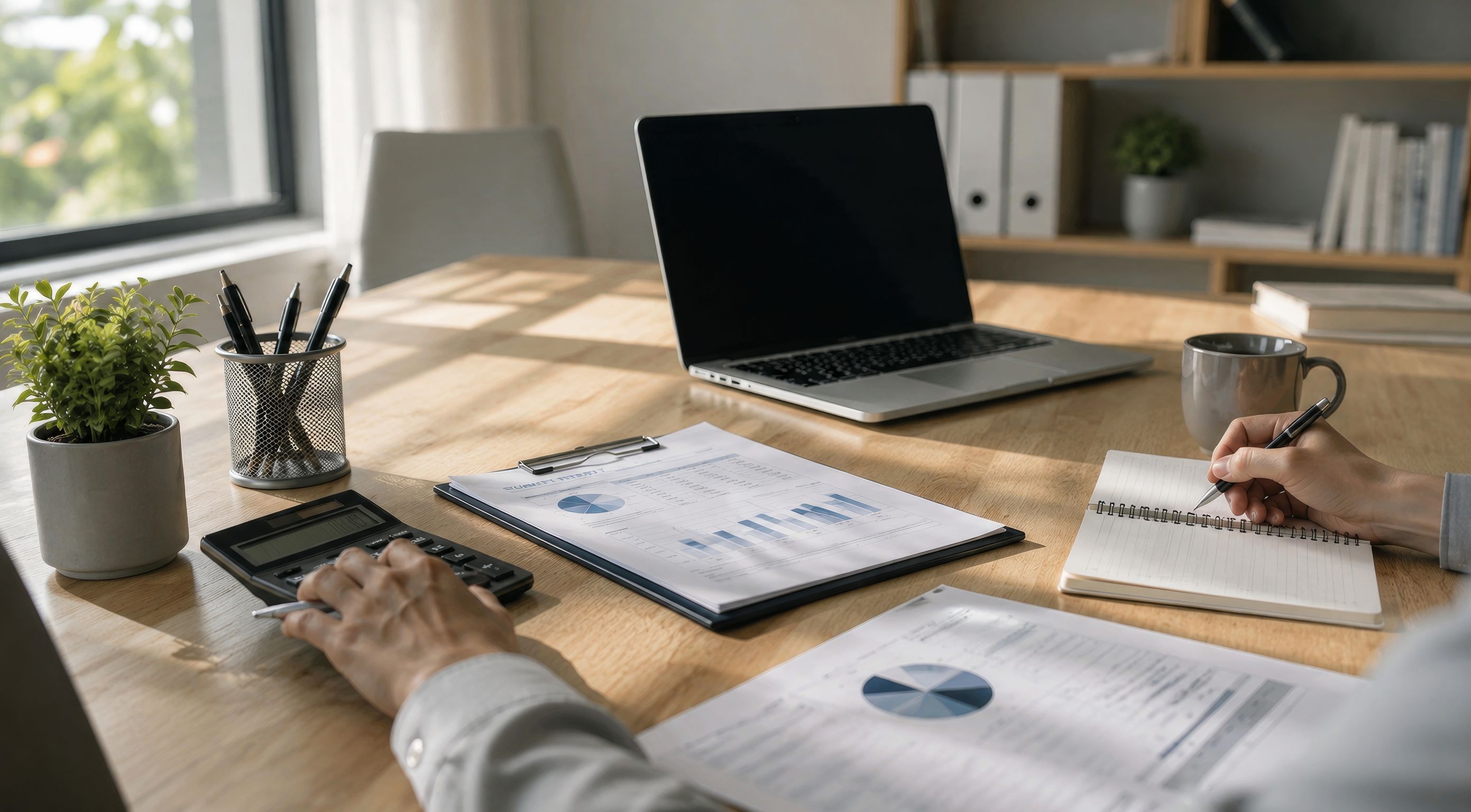 Person am Schreibtisch mit Notizblock, Taschenrechner und Laptop bei der Budgetplanung