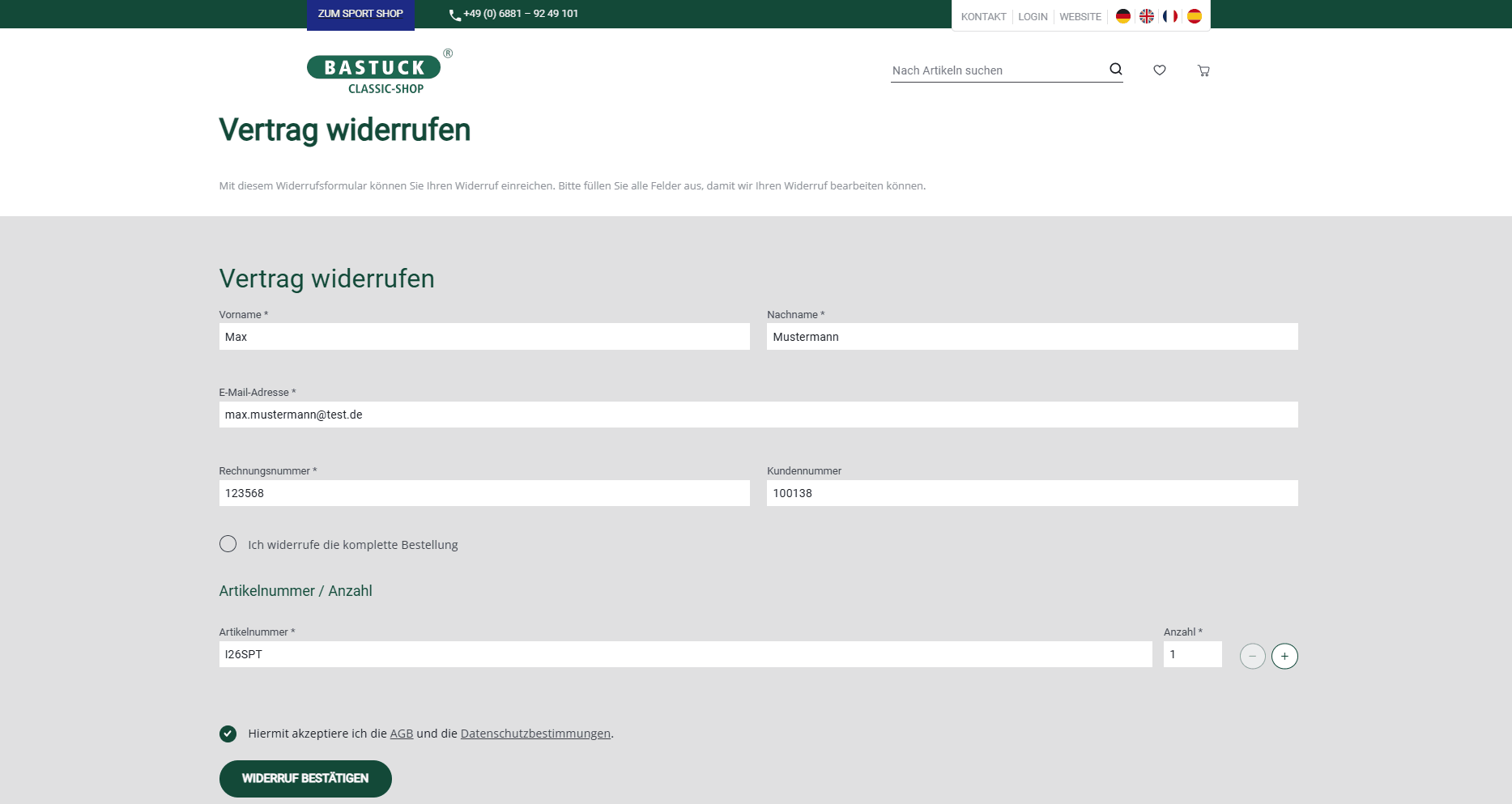 Widerrufsformular auf der Website der Firma Bastuck